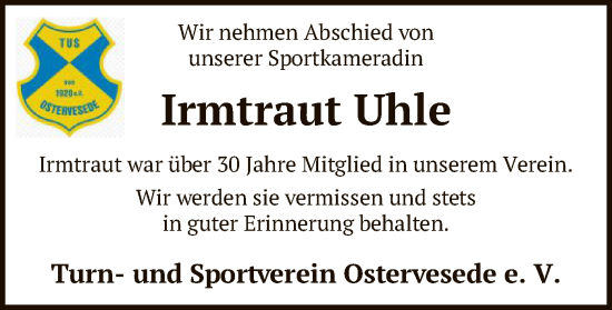 Todesanzeige von Irmtraut Uhle von SYK