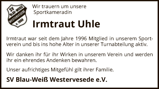 Todesanzeige von Irmtraut Uhle von SYK