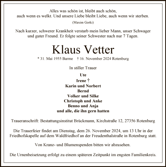 Todesanzeige von Klaus Vetter von SYK