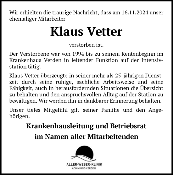 Todesanzeige von Klaus Vetter von SYK