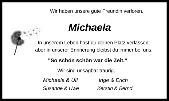 Todesanzeige von Michaela  von SYK