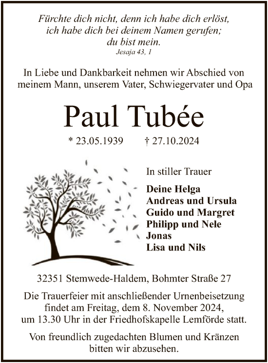 Todesanzeige von Paul Tubée von SYK