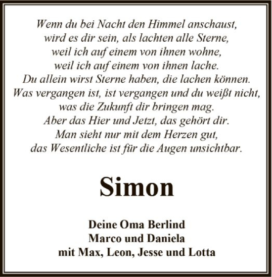 Todesanzeige von Simon  von SYK