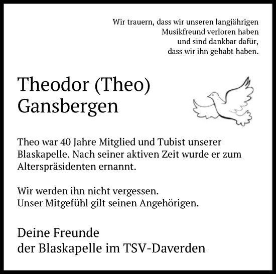 Todesanzeige von Theodor Gansbergen von SYK