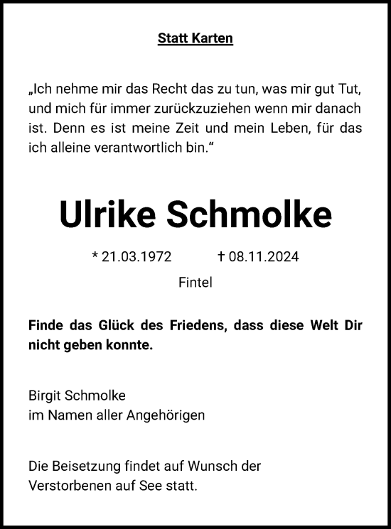 Todesanzeige von Ulrike Schmolke von SYK