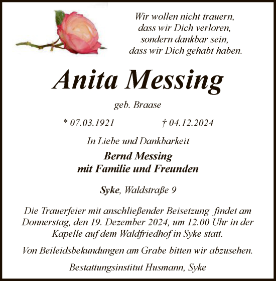 Todesanzeige von Anita Messing von SYK