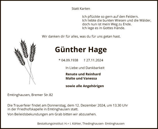 Todesanzeige von Günther Hage von SYK
