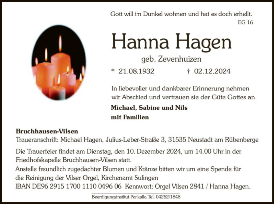 Todesanzeige von Hanna Hagen von SYK
