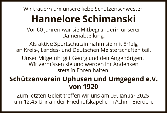 Todesanzeige von Hannelore Schimanski von SYK