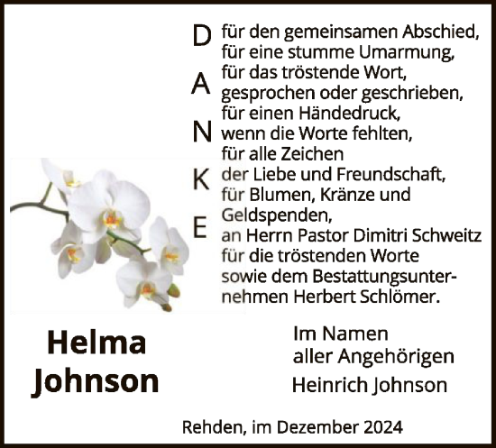 Todesanzeige von Helma Johnson von SYK