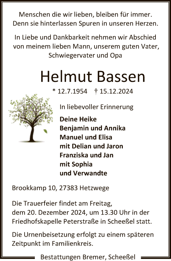 Todesanzeige von Helmut Bassen von SYK