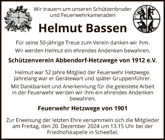 Todesanzeige von Helmut Bassen von SYK