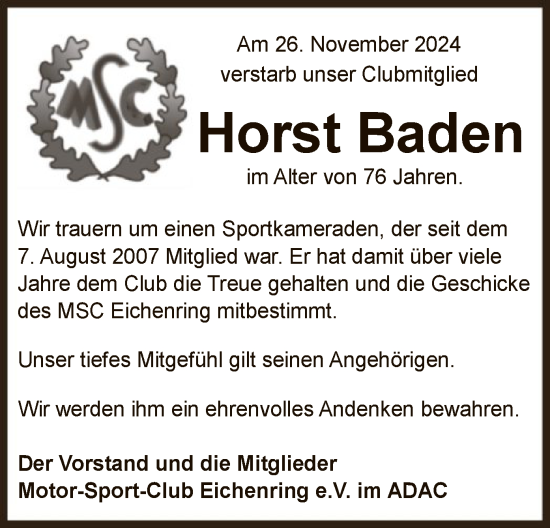 Todesanzeige von Horst Baden von SYK