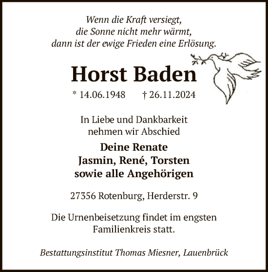 Todesanzeige von Horst Baden von SYK