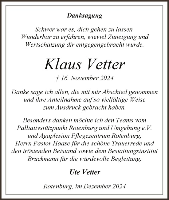 Todesanzeige von Klaus Vetter von SYK