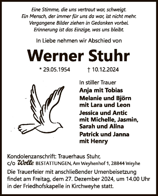 Todesanzeige von Werner Stuhr von SYK