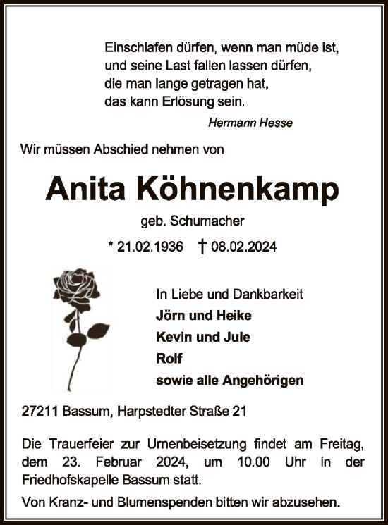 Todesanzeige von Anita Köhnenkamp von SYK