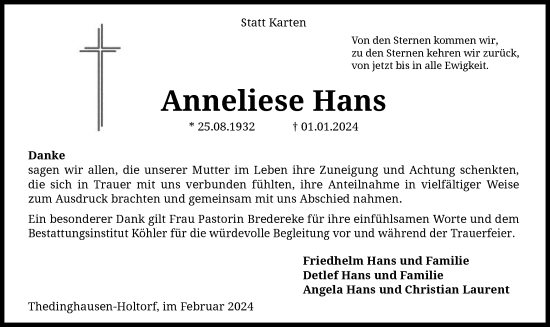 Todesanzeige von Anneliese Hans von SYK