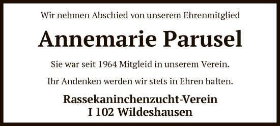 Todesanzeige von Annemarie Parusel von SYK