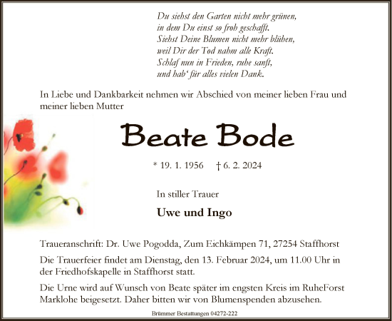 Todesanzeige von Beate Bode von SYK