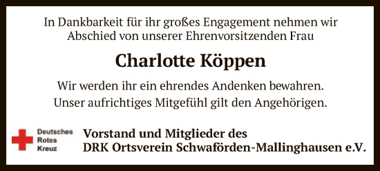Todesanzeige von Charlotte Köppen von SYK