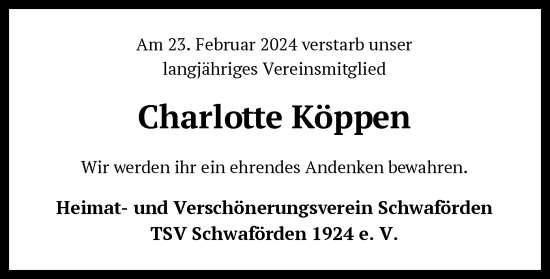 Todesanzeige von Charlotte Köppen von SYK