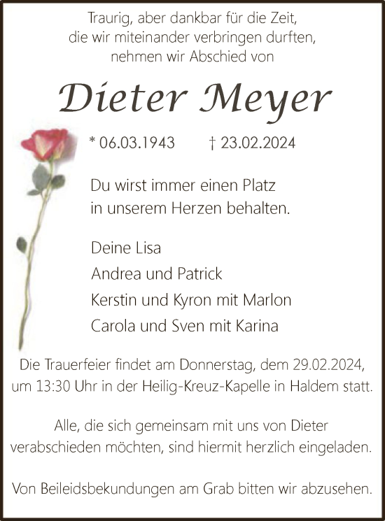 Todesanzeige von Dieter Meyer von SYK