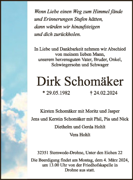 Todesanzeige von Dirk Schomäker von SYK