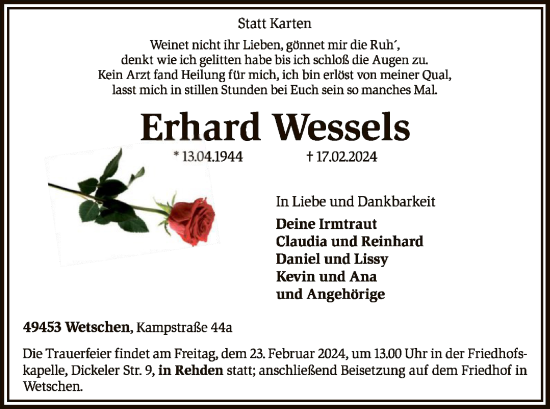 Todesanzeige von Erhard Wessels von SYK