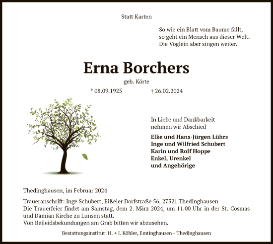 Todesanzeige von Erna Borchers von SYK