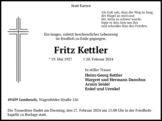 Todesanzeige von Fritz Kettler von SYK