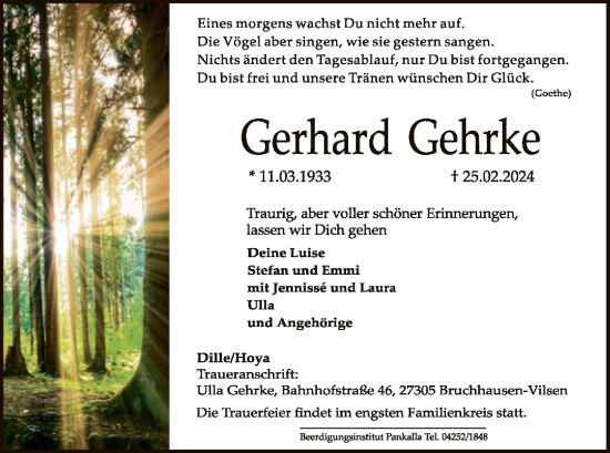Todesanzeige von Gerhard Gehrke von SYK