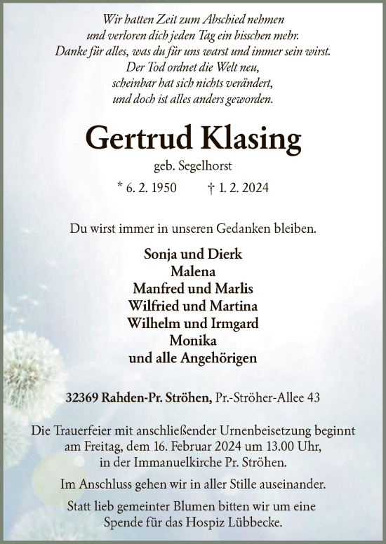 Todesanzeige von Gertrud Klasing von SYK