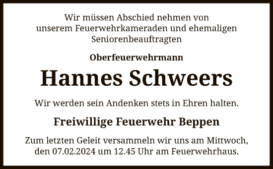 Todesanzeige von Hannes Schweers von SYK