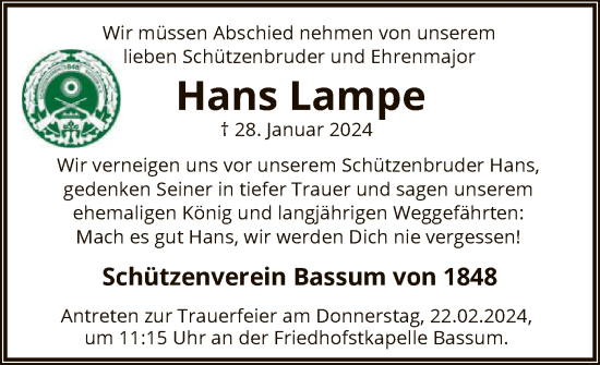 Todesanzeige von Hans Lampe von SYK