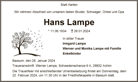 Todesanzeige von Hans Lampe von SYK