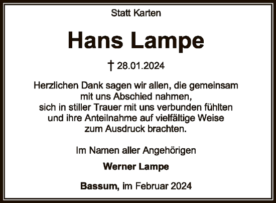Todesanzeige von Hans Lampe von SYK