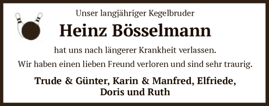 Todesanzeige von Heinz Bösselmann von SYK