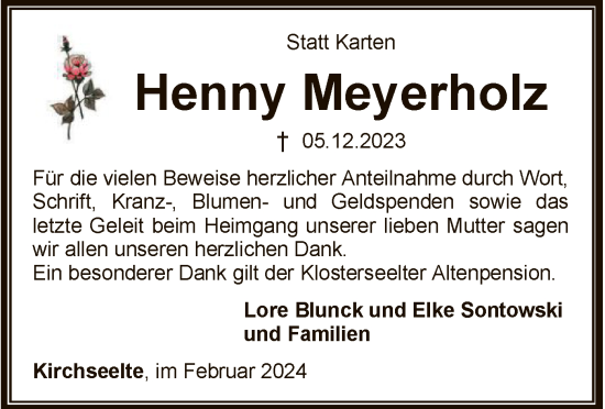 Todesanzeige von Henny Meyerholz von SYKSYK