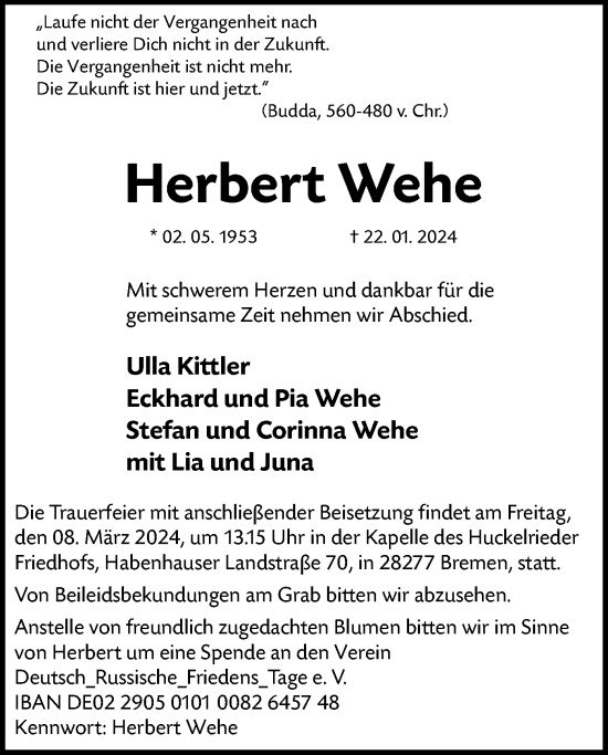 Todesanzeige von Herbert Wehe von SYK