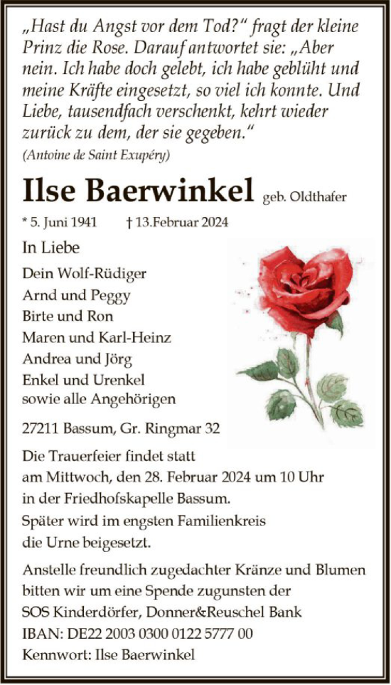 Todesanzeige von Ilse Baerwinkel von SYK