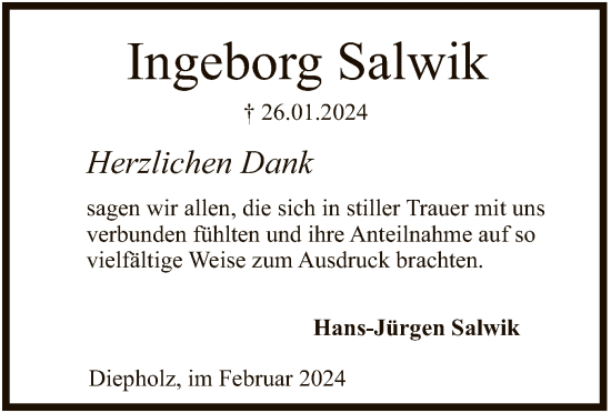 Todesanzeige von Ingeborg Salwik von SYK