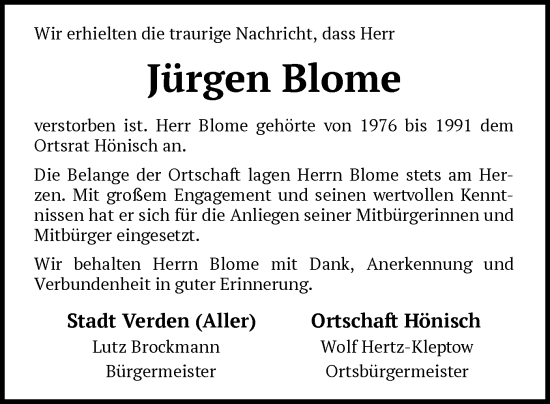 Todesanzeige von Jürgen Blome von SYK