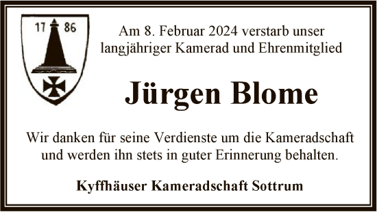 Todesanzeige von Jürgen Blome von SYK