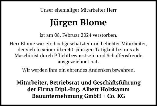 Todesanzeige von Jürgen Blome von SYK