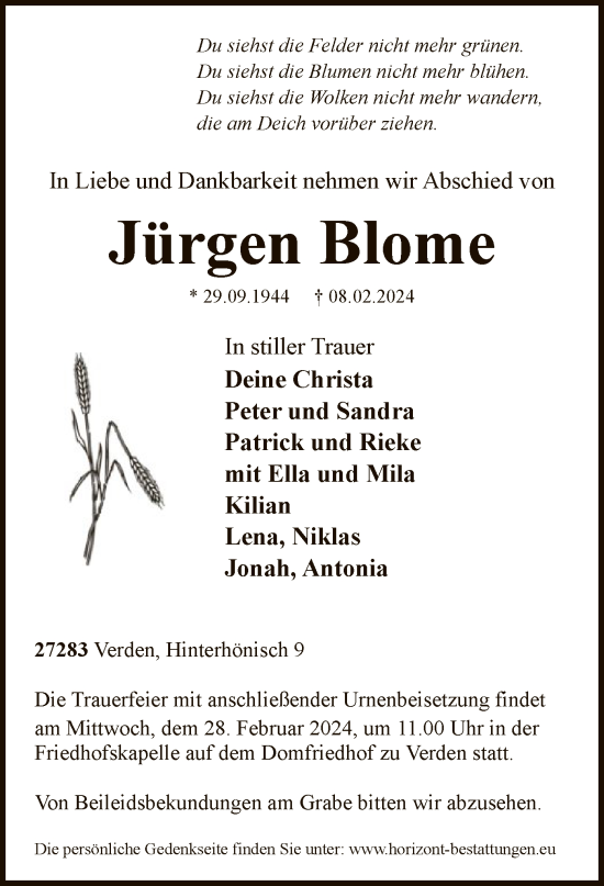 Todesanzeige von Jürgen Blome von SYK