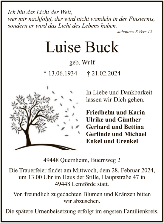 Todesanzeige von Luise Buck von SYK
