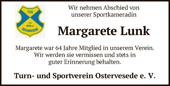 Todesanzeige von Margarete Lunk von SYK