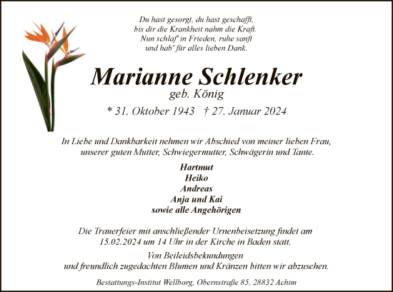 Todesanzeige von Marianne Schlenker von SYK