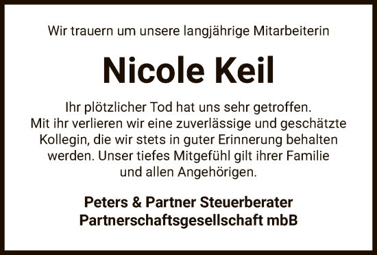 Todesanzeige von Nicole Keil von SYK